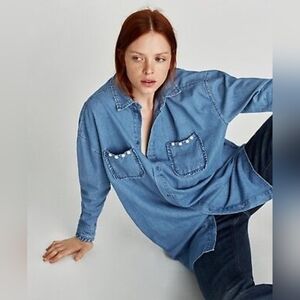 ZARA Ladies Oversized Faux Pearl Embellished Pocket Denim Chambray Sz Medium